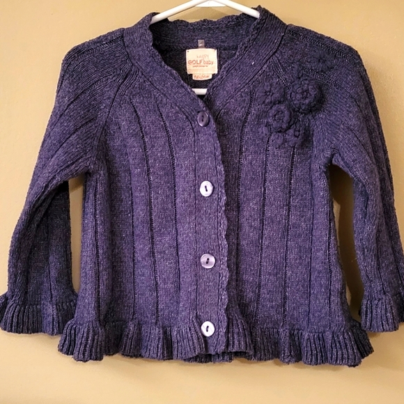 Adorable greyish blue cardigan with ruffle hem and cuffs - Picture 1 of 5